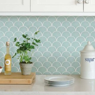 Shell Blue Self Adhesive Backsplash Tiles in kitchen