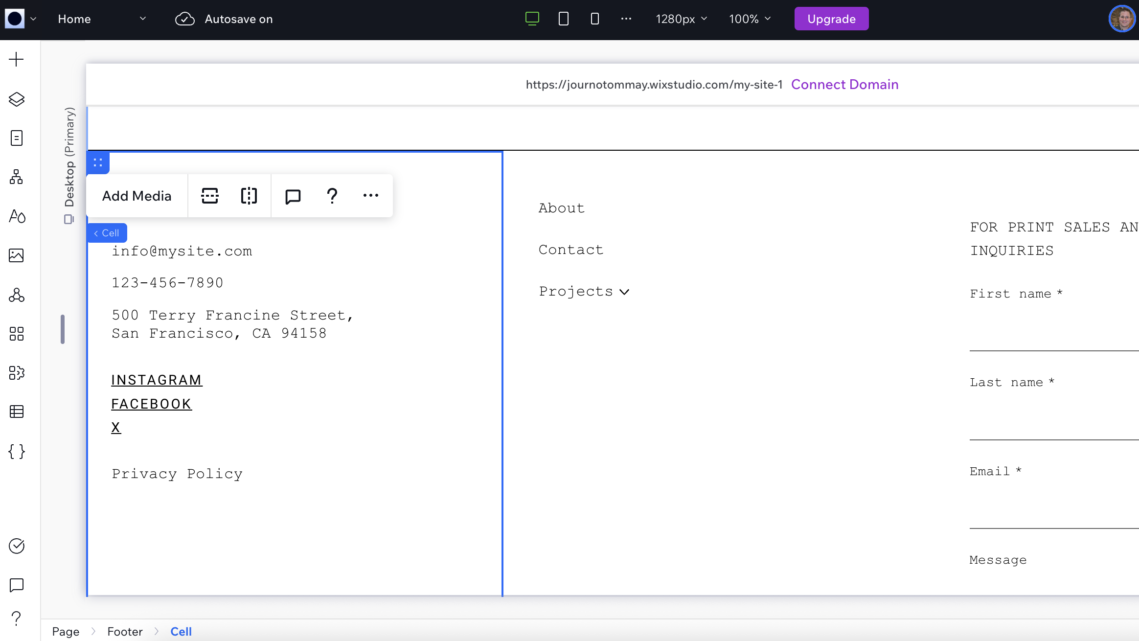 Editing contact details on footer of Wix website template