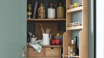 Open pantry with organized shelves