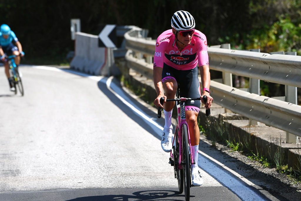 ETNA PIAZZALE RIFUGIO SAPIENZA ITALY MAY 10 Mathieu Van Der Poel of Netherlands and Team Alpecin Fenix Pink Leader Jersey cmduring the 105th Giro dItalia 2022 Stage 4 a 172km stage from Avola to Etna Piazzale Rifugio Sapienza 1899m Giro WorldTour on May 10 2022 in Etna Piazzale Rifugio Sapienza Italy Photo by Tim de WaeleGetty Images