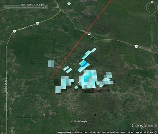 Composite of radar signatures of falling meteorites from the Jan. 24, 2016, Florida fireball. The red line is the approximate ground track of the falling meteor, traveling from the northeast toward the southwest.