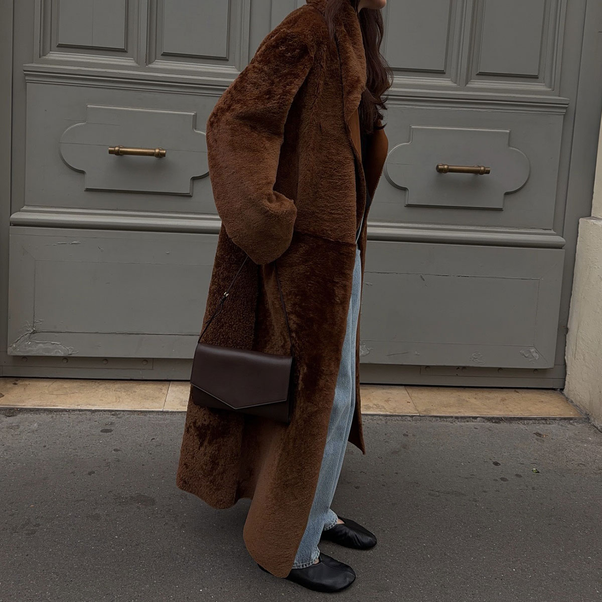 @annabelrosendahl in brown nour hammour shearling coat 
