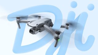 A DJI drone flying through the DJI name
