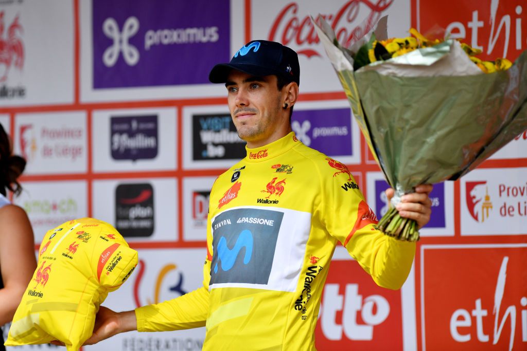ROCHEFORT BELGIUM JULY 25 Alex Aranburu Deba of Spain and Movistar Team celebrates winning the Yellow Points Jersey on the podium ceremony after the 43rd Ethias Tour de Wallonie 2022 Stage 3 a 1956km stage from Vis to Rochefort ethiastourdewallonie22 on July 25 2022 in Rochefort Belgium Photo by Luc ClaessenGetty Images