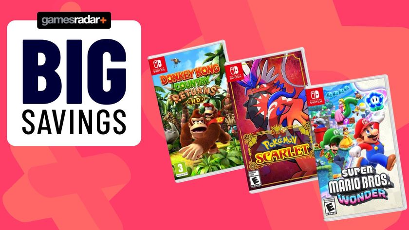 Images of three Nintendo Switch games featuring Super Mario Wonder, Pokemon Scarlet and Donkey Kong Country Returns HD, on a pink GamesRadar background.