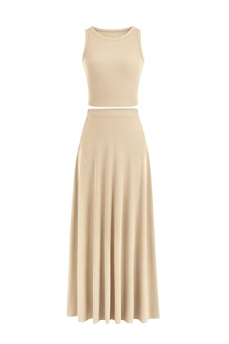 Prettygarden Women's 2 Piece Maxi Skirt Sets Casual Summer Knit Cropped Tank Top High Waisted Long Skirts Outfit (beige,small)