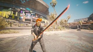 Cyberpunk 2077 V posing with Errata katana with angry face standing outside dogtown stadium