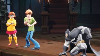 A screenshot from MultiVersus showing Shaggy and Velma from Scooby Doo facing Batman.