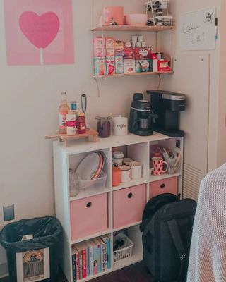 A dorm bedroom with a storage cube shelf