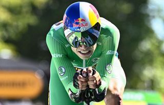 JumboVisma teams Belgian rider Wout Van Aert wearing the sprinters green jersey cycles to the finish line during the 20th stage of the 109th edition of the Tour de France cycling race 407 km individual time trial between LacapelleMarival and Rocamadour in southwestern France on July 23 2022 Photo by AnneChristine POUJOULAT AFP Photo by ANNECHRISTINE POUJOULATAFP via Getty Images