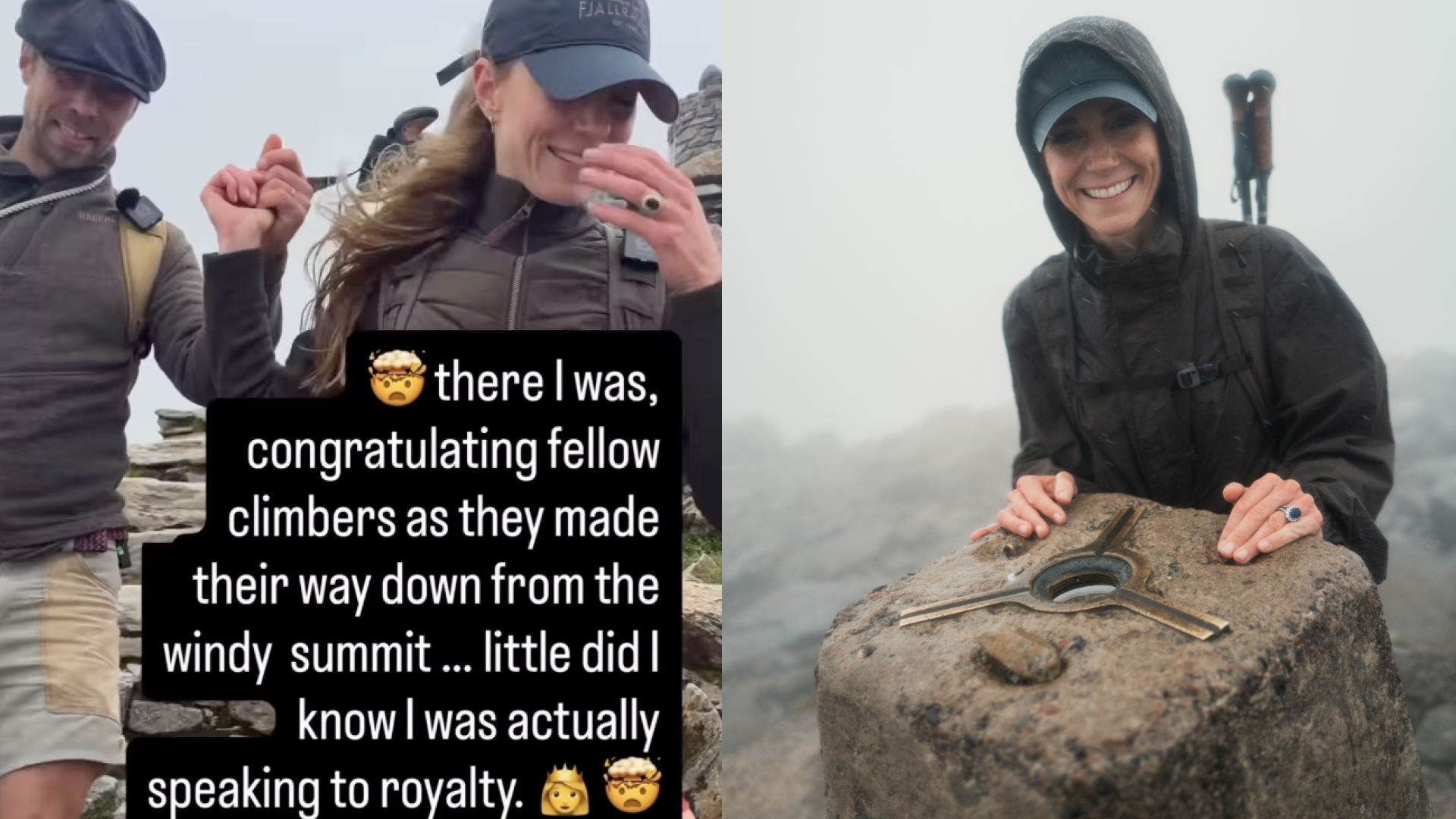 A split image of Princess Kate holding hands with James Middleton and Princess Kate standing on top of a mountain