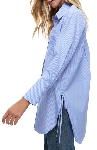 Pinstripe Oversize Side Tie Button-Up Shirt