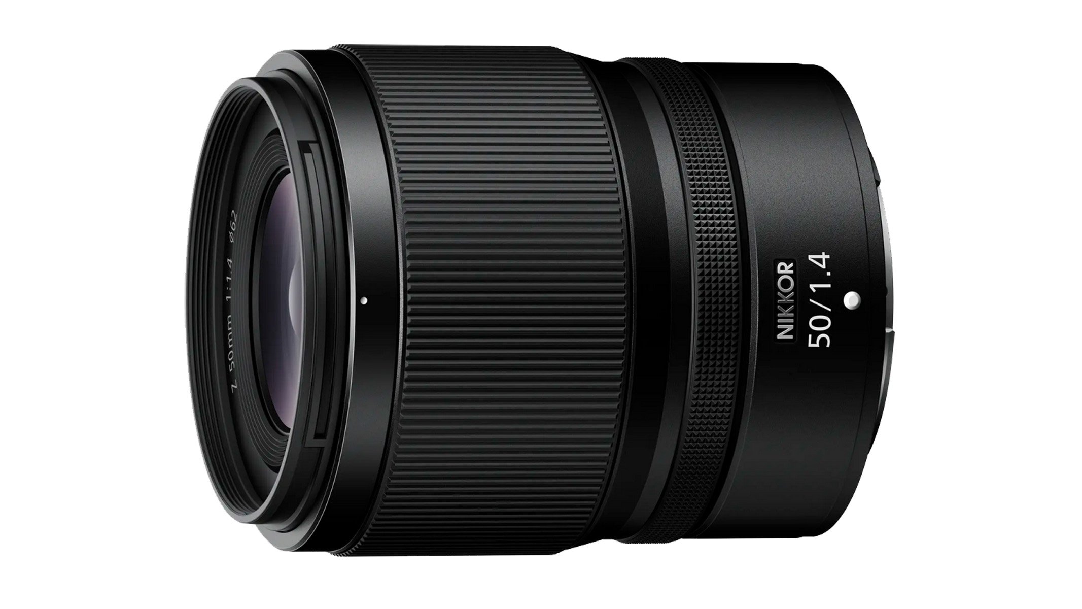 A NIKKOR Z 50mm f1.4 lens on a white background.