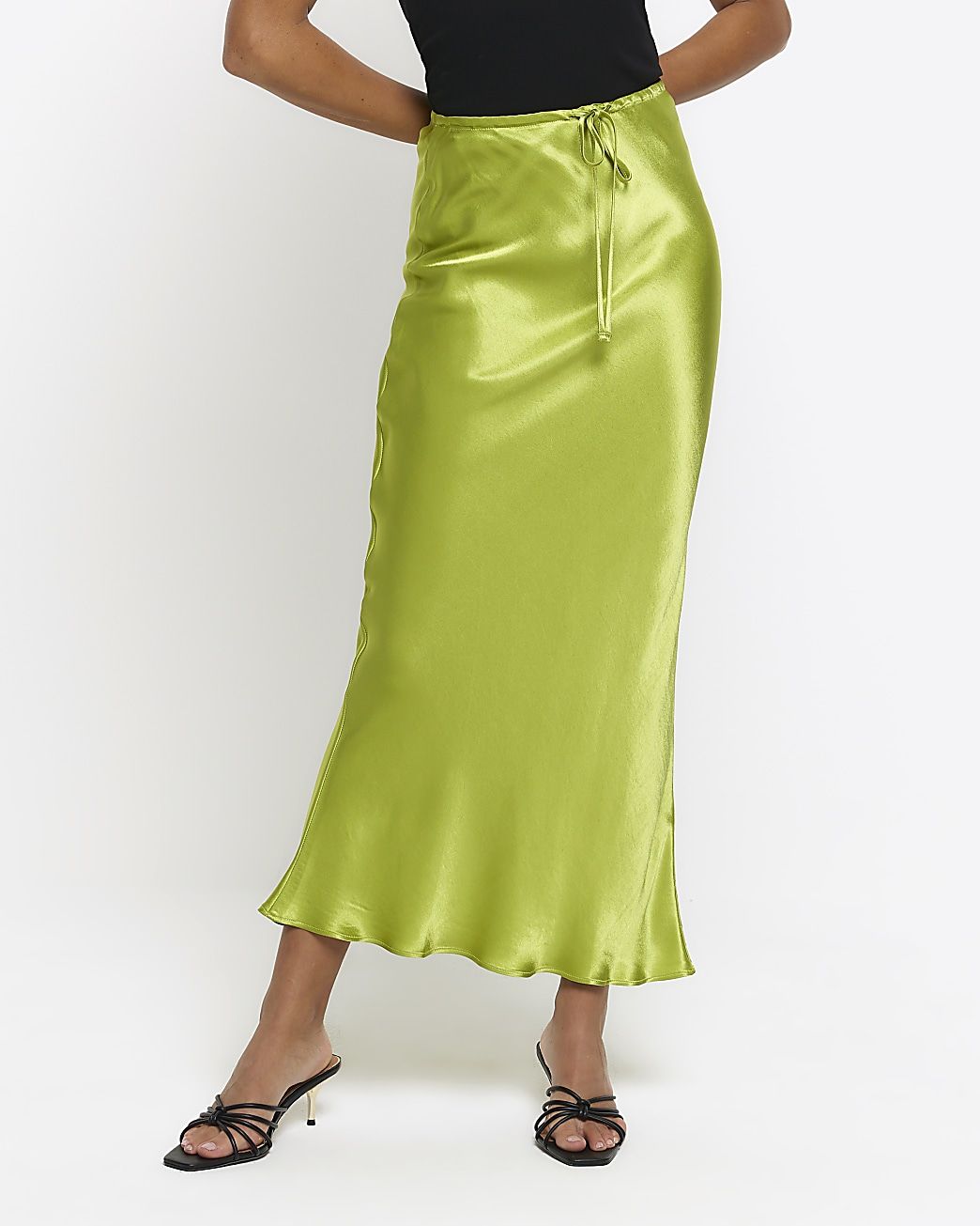 Green Tie Waist Midi Skirt