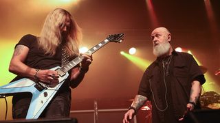 Judas Priest's Richie Faulkner shreds a sweet Flying V in the company of Rob Halford in Berlin, Germany