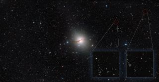 This image shows an annotated view of the elliptical galaxy Centaurus A, also known as NGC 5128, as seen by the Hubble Space Telescope, which observed the galaxy's outer halo in unprecedented detail.