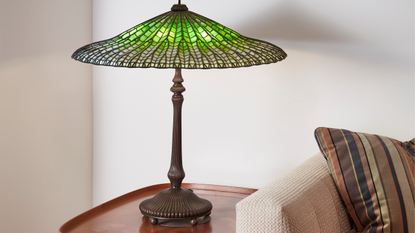 Close-up shot of the Wisteria Lamp by Tiffany Studios