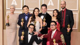 Jamie Lee Curtis, James Hong, Ke Huy Quan, Michelle Yeoh, Jonathan Wang, Daniel Kwan, Stephanie Hsu, and Daniel Scheinert, winners of the Best Picture award for ’Everything Everywhere All at Once’, pose in the press room