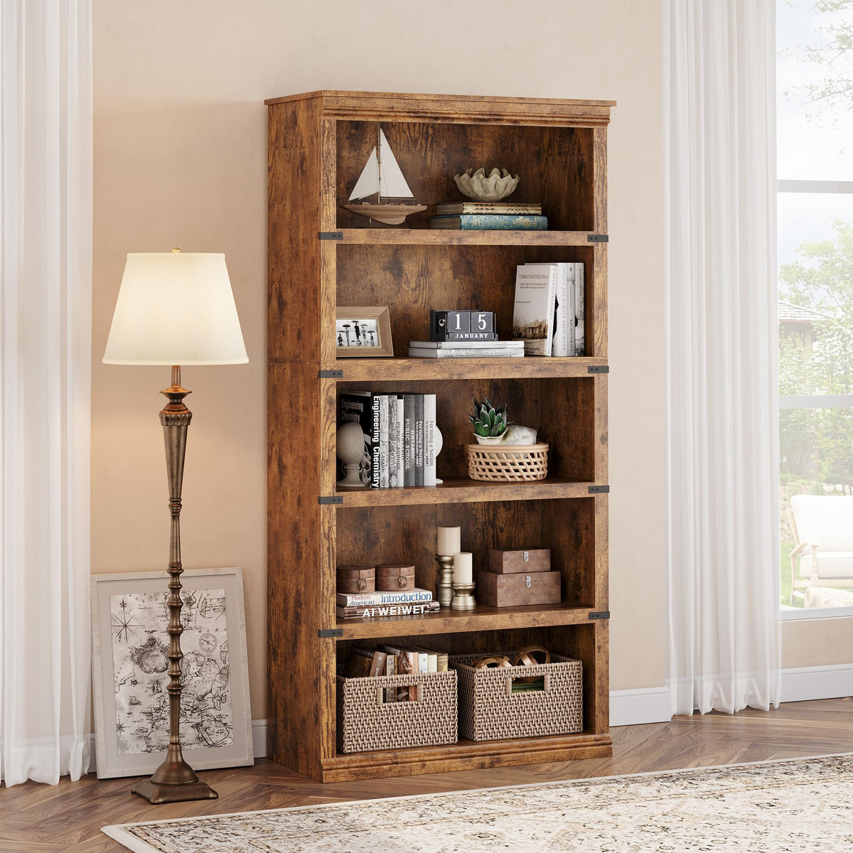 August Grove&amp;reg; 5 Tier Farmhouse Bookcase, 67.4" Tall Book Shelf With Storage, Wooden Bookshelves 5 Shelf Display Shelves | Wayfair