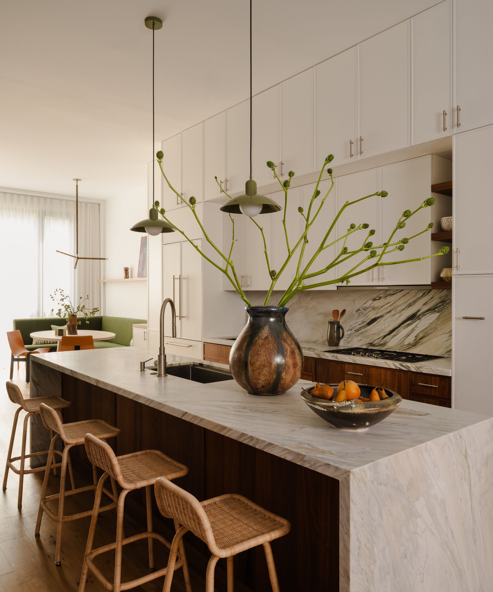 kitchen with marble clad island