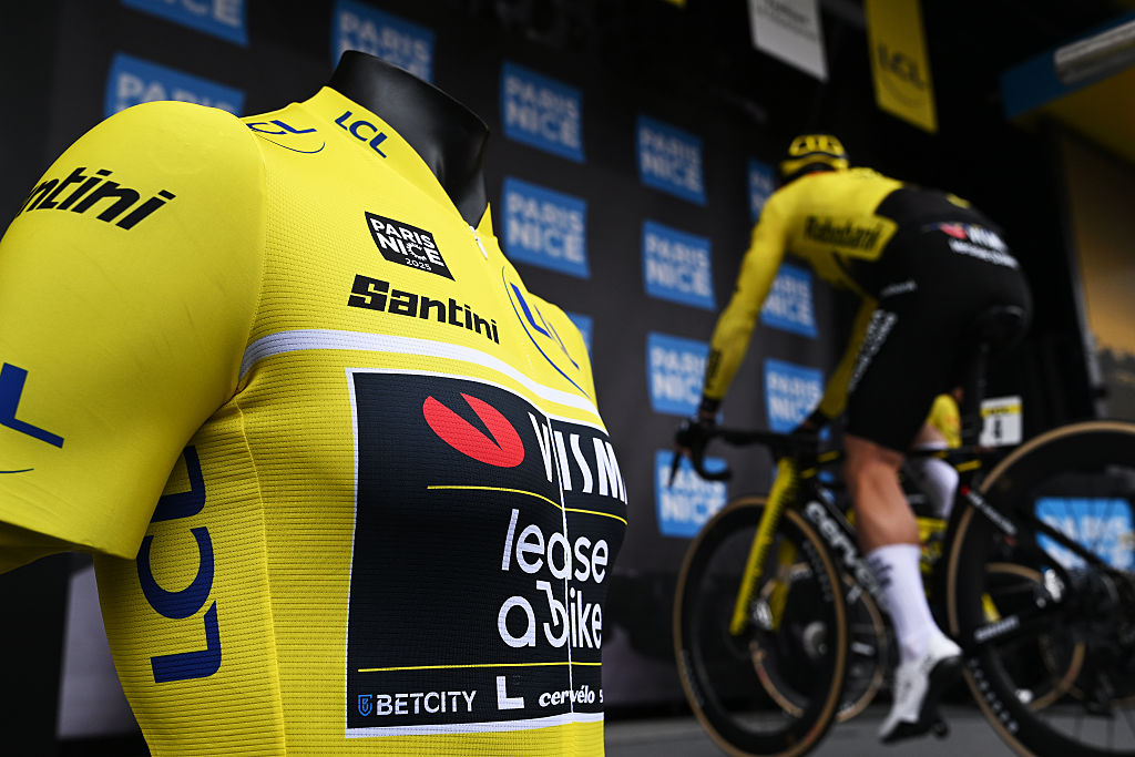ACHERES, FRANCE - MARCH 08: Yellow Leader Jersey prior to the 84th Paris-Nice 2026, Stage 1 a 170.9km stage from Acheres to Carrieres-sous-Poissy / #UCIWT / on March 08, 2026 in Acheres, France. (Photo by Szymon Gruchalski/Getty Images)