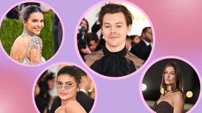 Kendall with Kylie Jenner, Hailey Bieber and Harry Styles in a purple and pink template