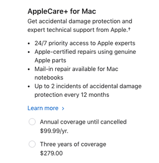 AppleCare Plus for Mac options at checkout