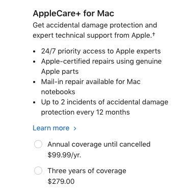 AppleCare Plus for Mac options at checkout