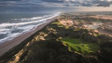 A hole at Trump International Golf Links Scotland and the sea seen from above