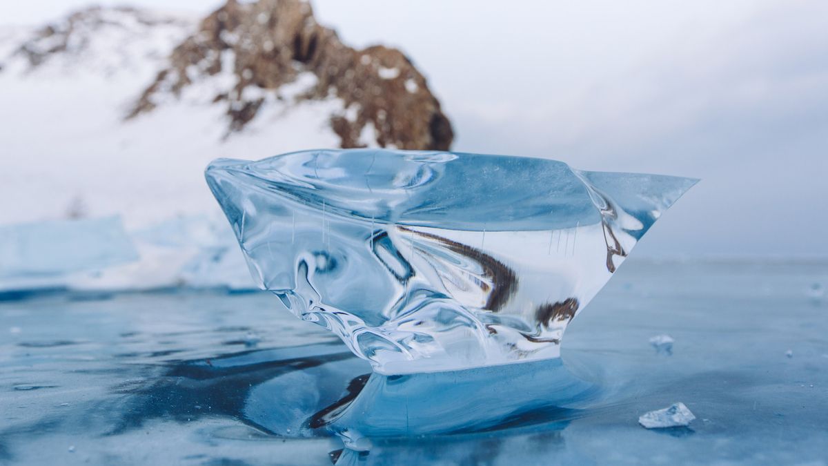 Transparent ice block on Lake Baikal on Olkhon island, Siberia, Russia, winter 2018.