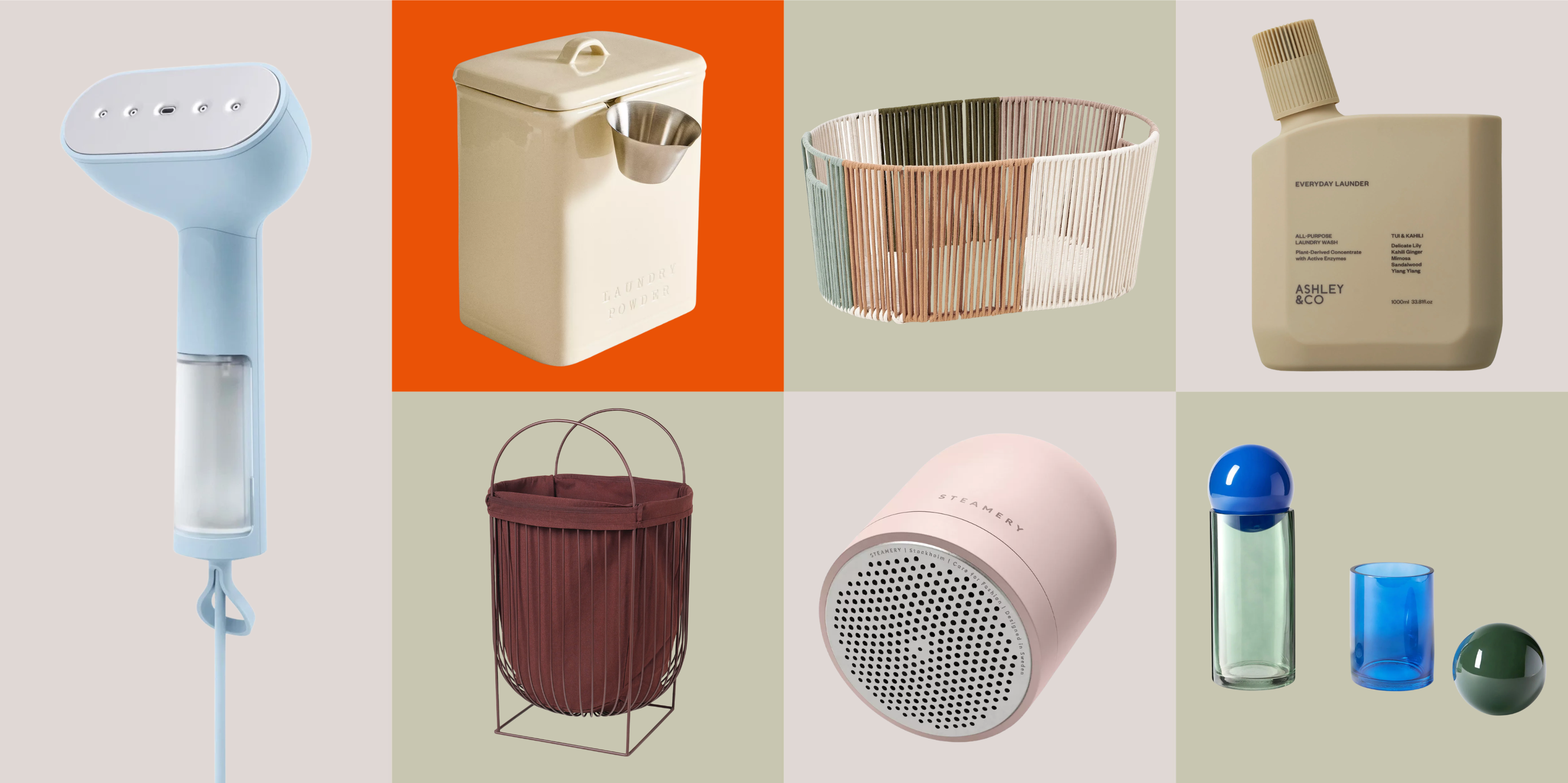 A colorful grid of laundry room accessories including a steamer, a fabric shaver, laundry baskets, a detergent bottle, and storage bottles
