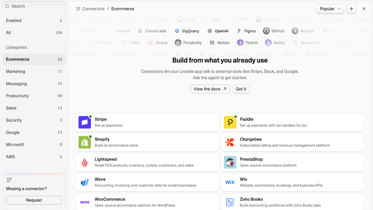 A display of ecommerce integrations from Lovable's connector marketplace