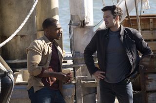 Sam (Anthony Mackie) and Bucky (Sebastian Stan) plan their next move on board a ship