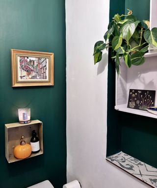 dark green bathroom with gold box shelf and sweetheart plant