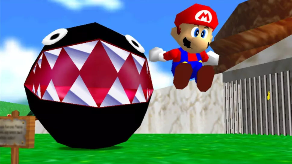 Super Mario 3D All-Stars: Super Mario 64 - Mario jumping away from Chain Chomp.