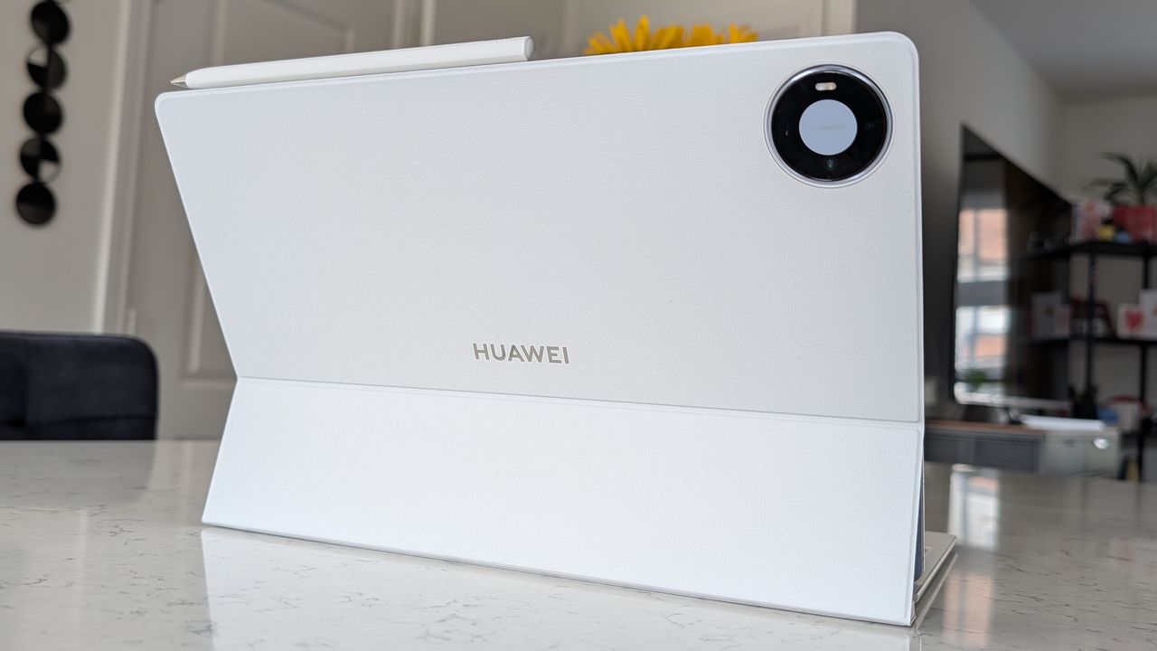 Photos of the Huawei MatePad Pro Max resting on a marble table