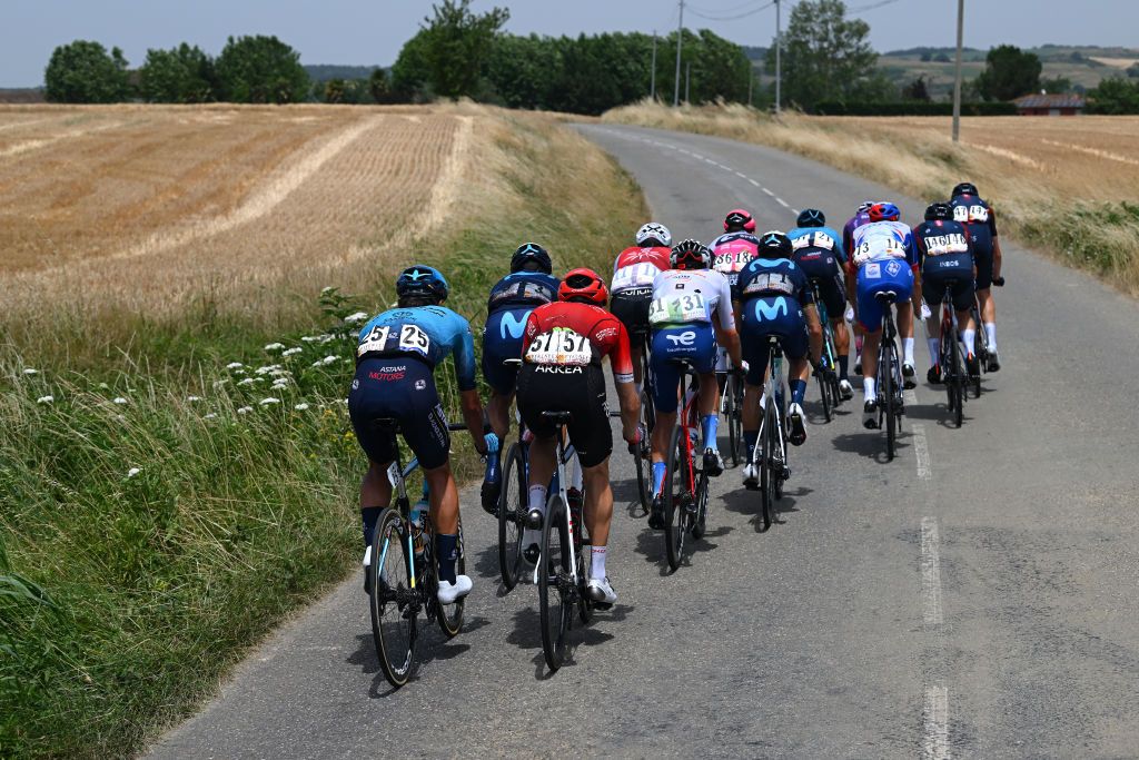 AUTERIVE FRANCE JUNE 19 Detailed view of Laurent Pichon of France and Team Team Arka Samsic Cristian Rodrguez Martin of Spain and Team Total Energies Javier Romo of Spain and Team Astana Qazaqstan Alejandro Valverde Belmonte of Spain and Movistar Team Ben Healy of Ireland and Team EF Education Easypost Elia Viviani of Italy and Team INEOS Grenadiers Laurens De Plus of Belgium and Team INEOS Grenadiers Jess Herrada Lopez of Spain and Team Cofidis Evaldas Siskevicius of Lithuania and Team Go Sport Roubaix Lille Metropole scar Pelegr Ferrandis of Spain and Team Burgos BH Imanol Erviti of Spain and Movistar Team compete during the 46th La Route dOccitanie La Depeche du Midi 2022 Stage 4 a 1883km stage from Les Angles to Auterive RDO2022 on June 19 2022 in Auterive France Photo by Dario BelingheriGetty Images