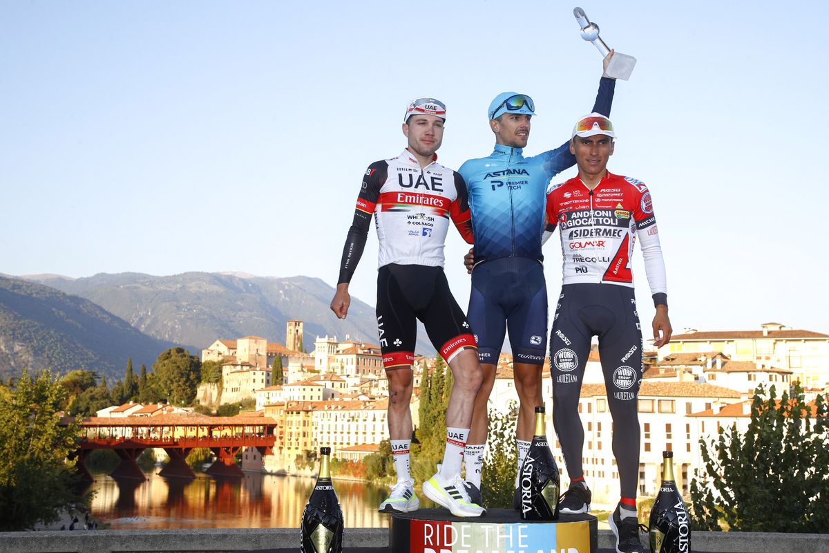 Veneto Classic 2021 podium (LtoR: Marc Hirschi of UAE Team Emirates second, winner Samuele Battistella of Astana-Premier Tech, and third Jhonatan Restrepo Valencia of Androni Giocattoli Sidermec