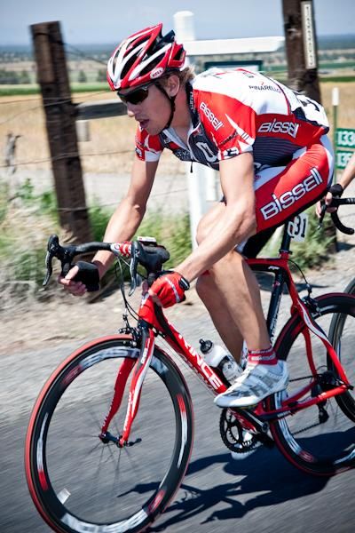Tom Zirbel (Bissell) takes it easy in the bunch with team-mates up the road.