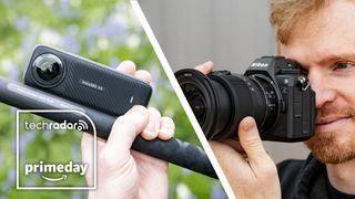 Insta360 X4 camera in the hand and Nikon Z6 III camera held up to photographer's eye