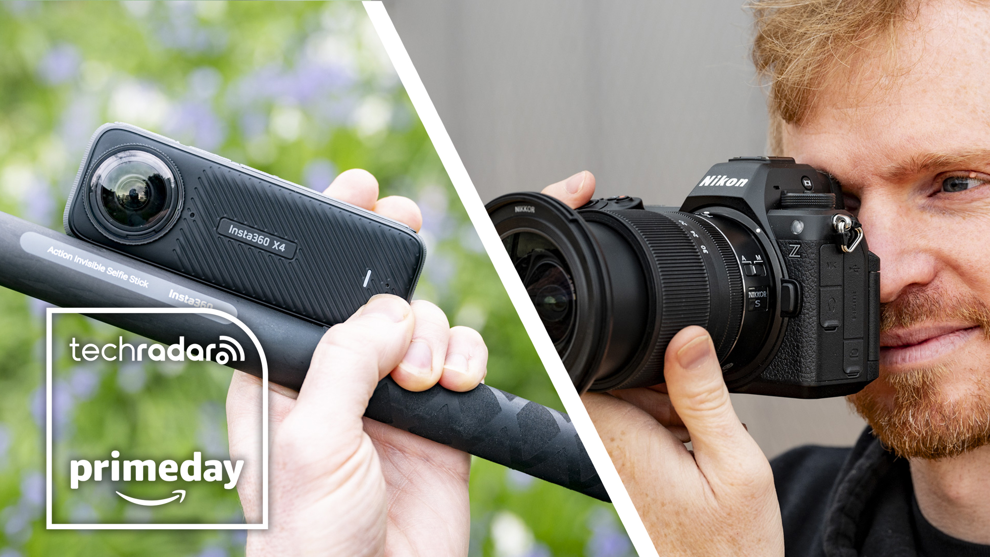 Insta360 X4 camera in the hand and Nikon Z6 III camera held up to photographer&#039;s eye