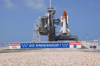 Space shuttle Endeavour glistens in the sun on Launch Pad 39A at NASA's Kennedy Space Center in Florida. The shuttle is launching on its final mission, STS-134, on May 16, 2011.
