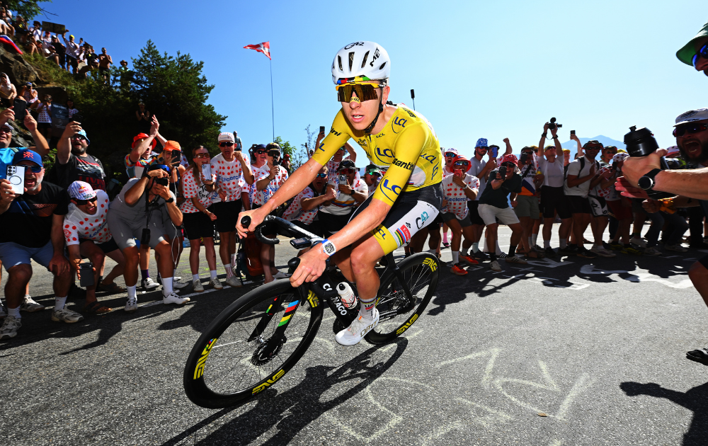  Tadej Pogacar of Slovenia and UAE Team Emirates - XRG - Yellow Leader Jersey competes during the 113th Tour de France 2026, Stage 19 a 127.9km stage from Gap to Alpe d'Huez 1835m