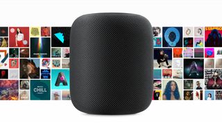 apple homepod with music album art in the background