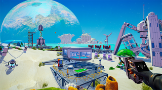 Looking across a tropical beach biome in The Planet Crafter