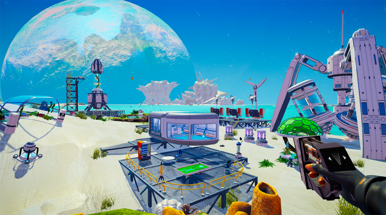 Looking across a tropical beach biome in The Planet Crafter