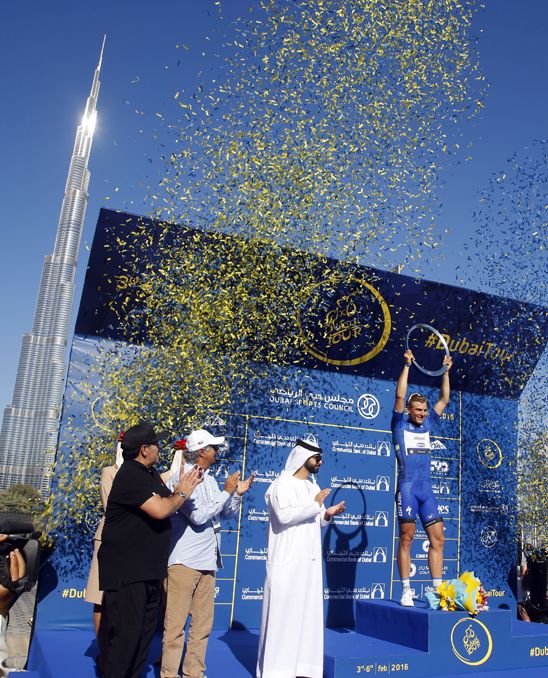 Marcel Kittel atop the podium at the Dubai Tour