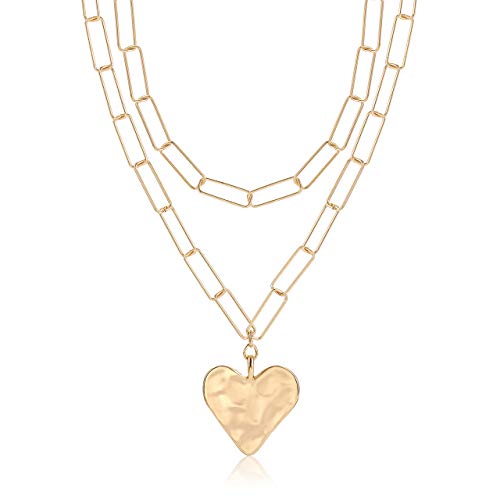Yahpern Layered Rectangle Paper Clip Chain Link Choker Statement Hammered Heart Pendant Necklace Minimalist Chunky Thick Chain Jewelry for Woman (gold)