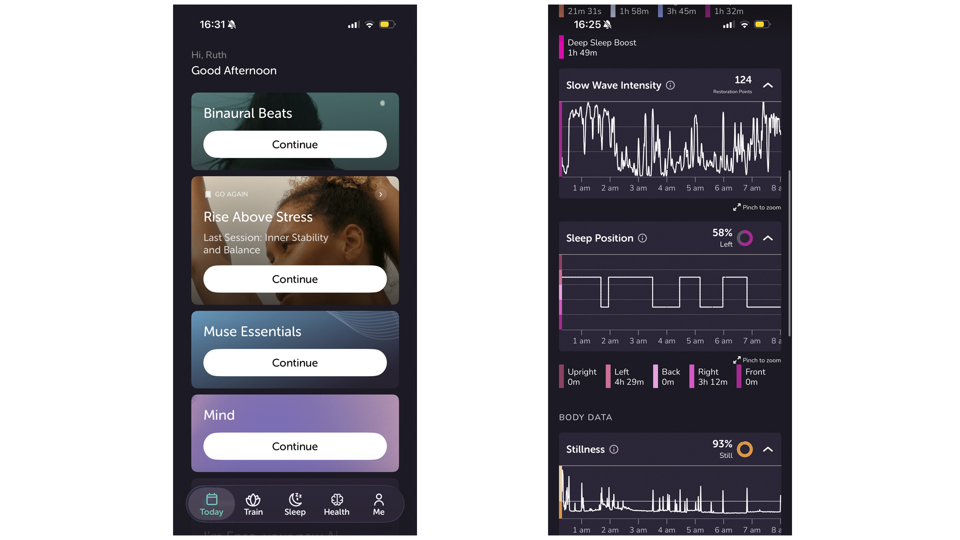 Two screenshots showing the Muse S Athena app and sleep tracking