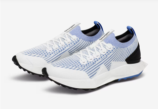 A pair of blue and white Allbirds Tree Flyer 2 shoes